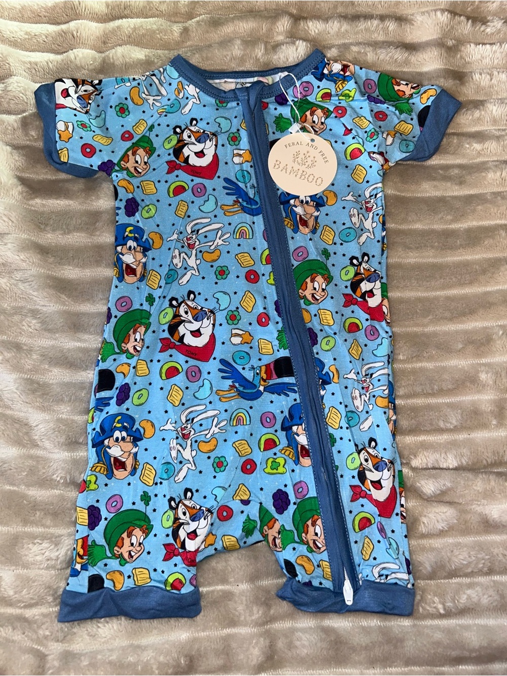 BAMBOO Light Blue Cartoon Cereal Characters One-Piece Footie